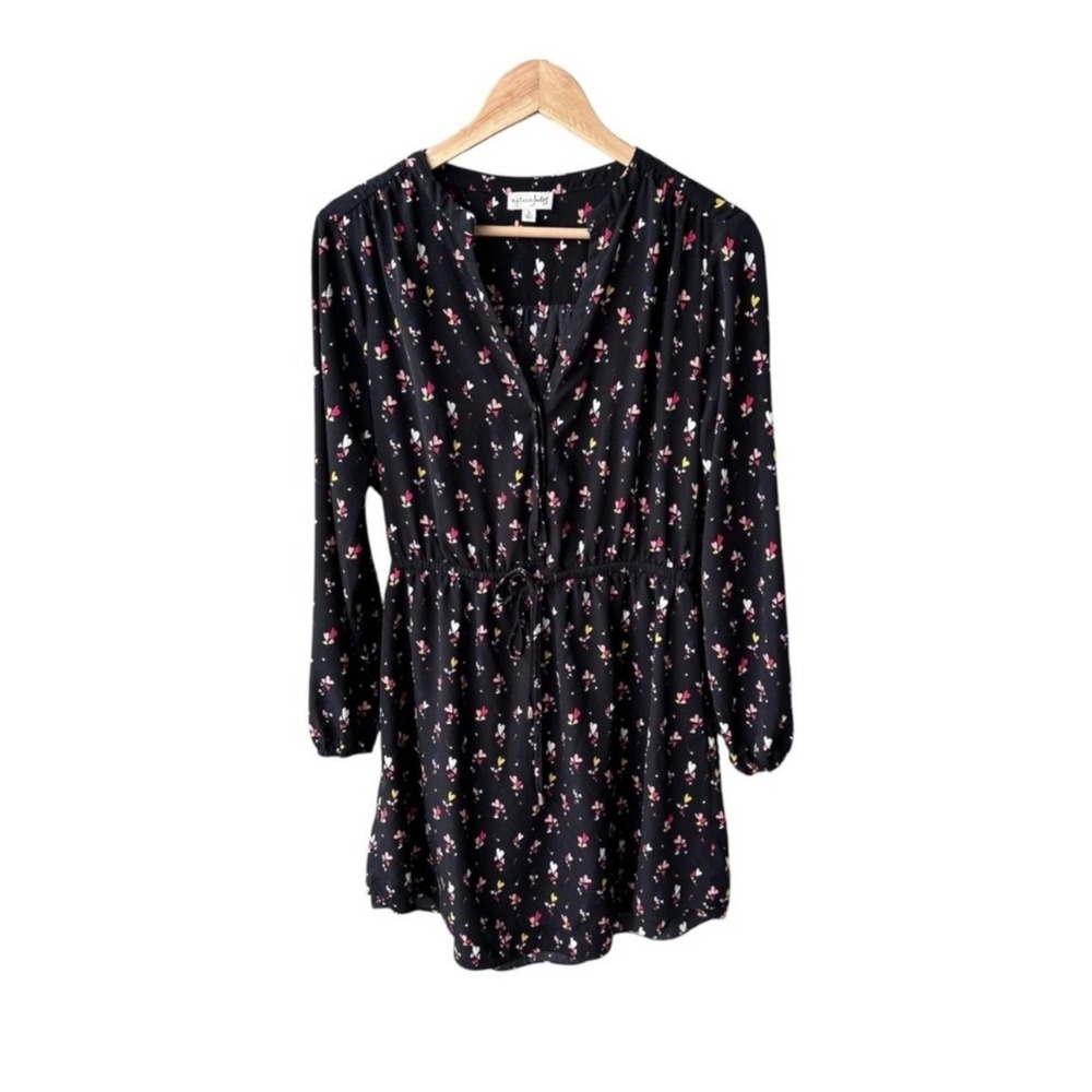 Maison Jules Dress Black Heart Print Long Sleeve Drawstring Waist Romantic Large